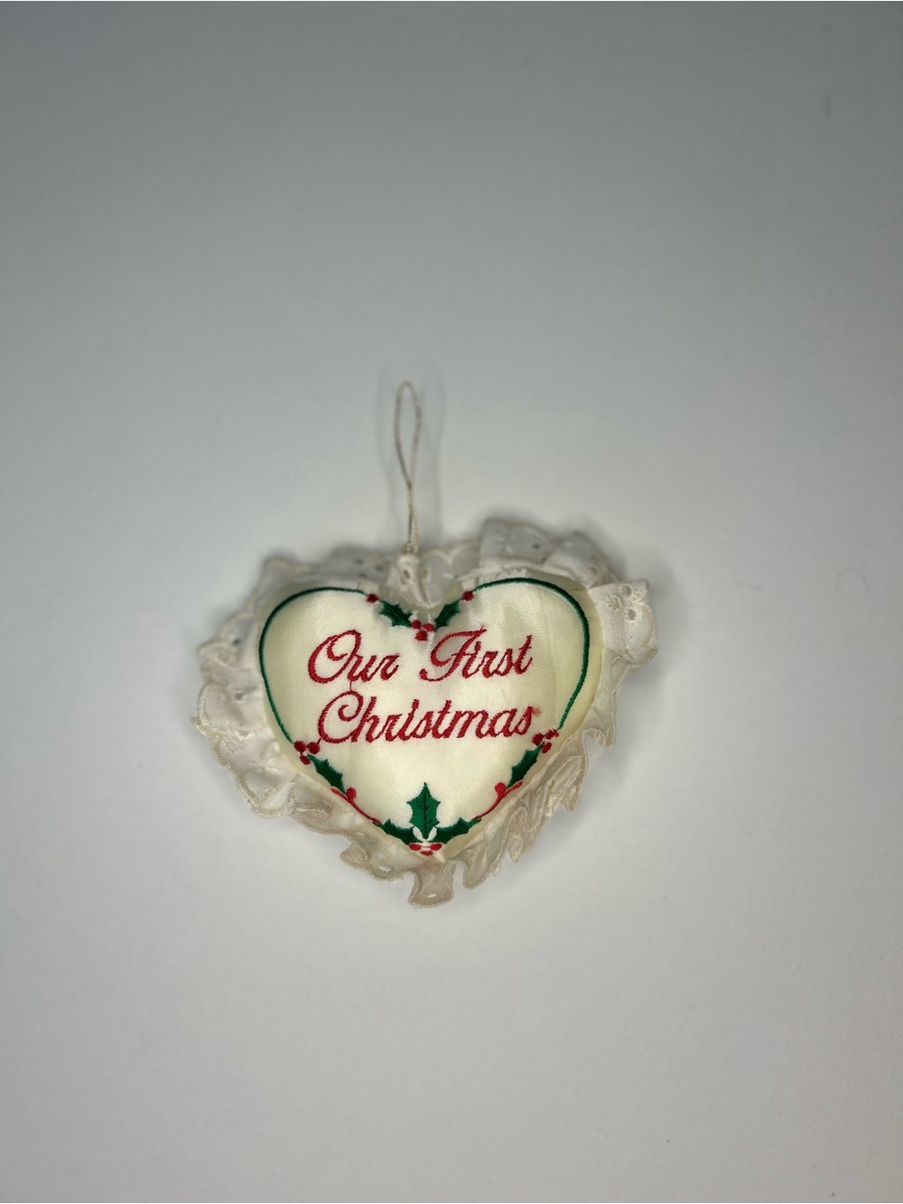 VTG Russ Berrie Satin Sentiments Our First Christmas Heart Pillow Ornament Lace